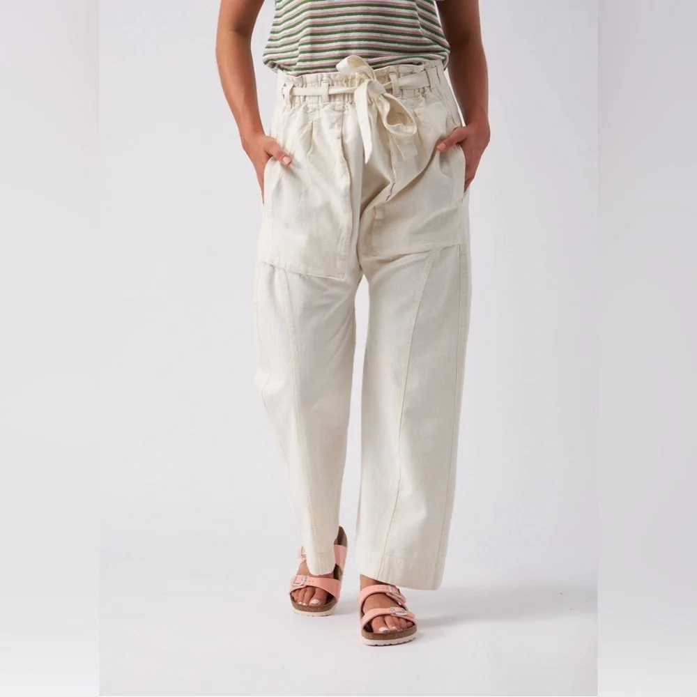 NWT Free People Sky Rider Cotton-Linen Blend Straight Leg Pants in Ecru Sz L - Picture 7 of 13